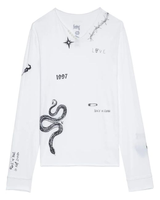 Zadig & Voltaire White Tattoo-Print Long-Sleeve T-Shirt for men