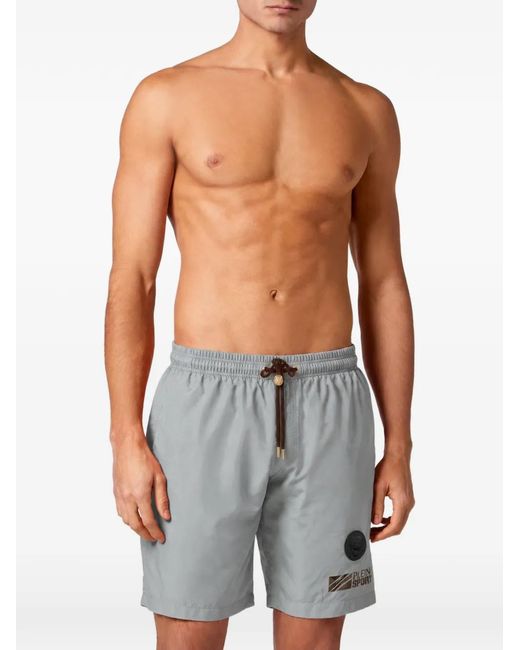 Philipp Plein Gray Logo-Patch Drawstring Swim Shorts for men