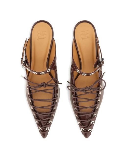 Ganni Brown Mules À Détails D'Œillets Et De Lacets