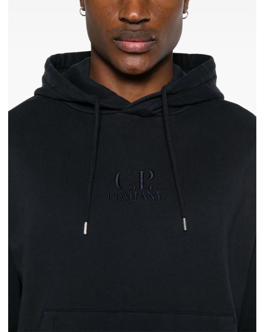 C P Company Blue Logo-Embroidered Cotton Hoodie for men