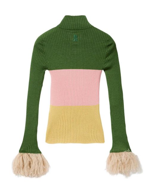 LaDoubleJ Green Embroidered-Logo Feather-Cuffs Sweater