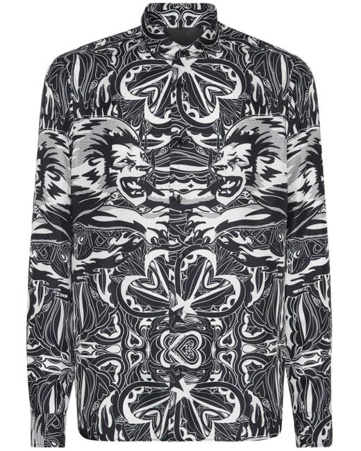 Philipp Plein Gray Dandy Lion Circus Silk Shirt for men