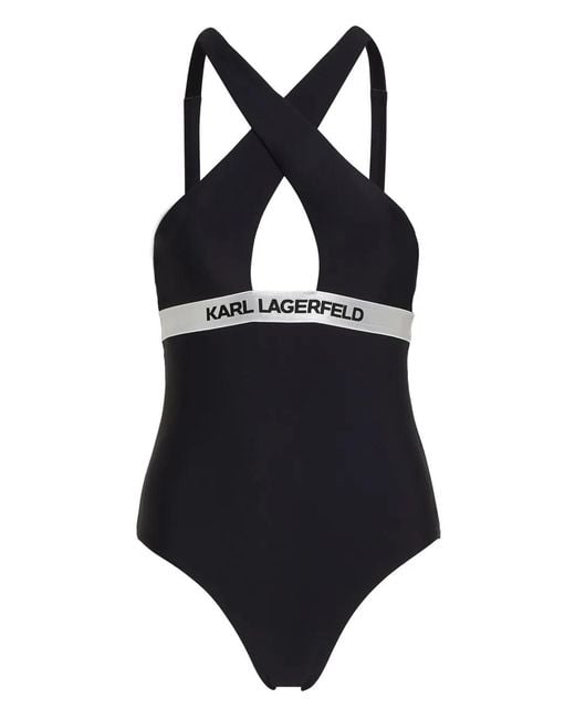 Karl Lagerfeld Black Logo-Waistband Halterneck Swimsuit