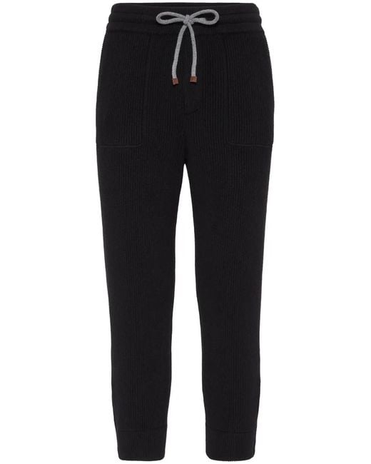 Brunello Cucinelli Black Ribbed Cashmere Track Pants for men