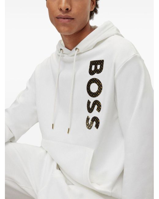 Boss White Logo-print Cotton Hoodie for men
