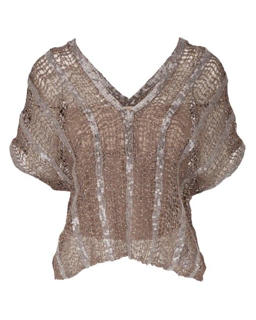 Brunello Cucinelli Brown Sequin-Embellished Open-Knit Top