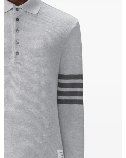 Thom Browne Gray 4-Bar Textured-Pique Long-Sleeved Polo Shirt for men