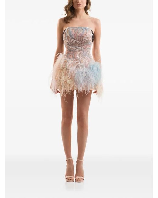 IMROSKA White Bead-Embellished Feather-Trim Dress