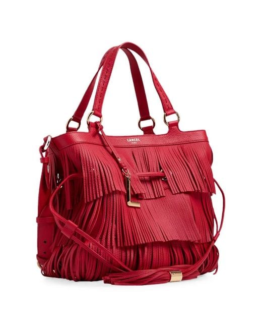 Lancel Red Premier Flirt Fringed Leather Bucket Bag