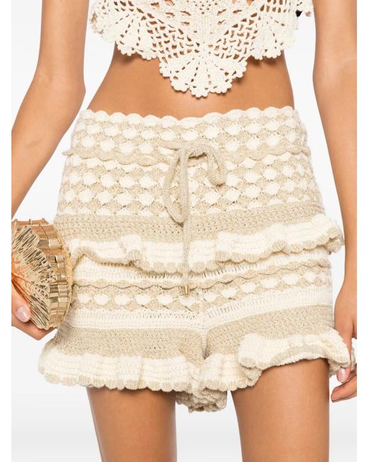 Zimmermann Natural Ruffled Crochet-Knit Shorts