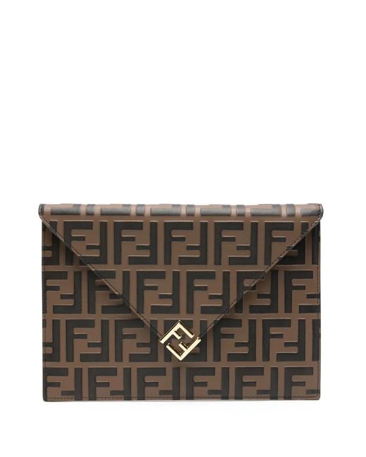 Fendi Brown Ff-Plaque Leather Cluch Bag