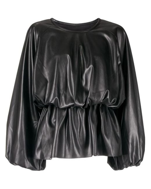 Goen.J Black Faux-Leather Draped Top