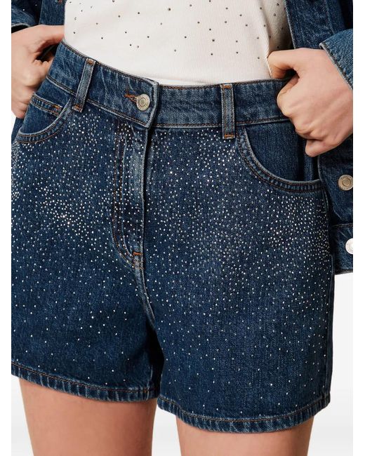 Twinset Blue Rhinestone-Detail Denim Shorts