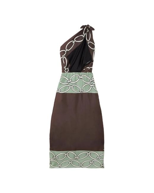 Valentino Garavani Brown One-Shoulder Printed Silk-Twill Midi Dress