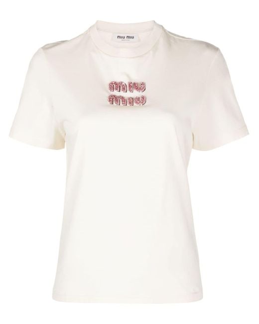 T-shirt en coton à logo appliqué Miu Miu en coloris White