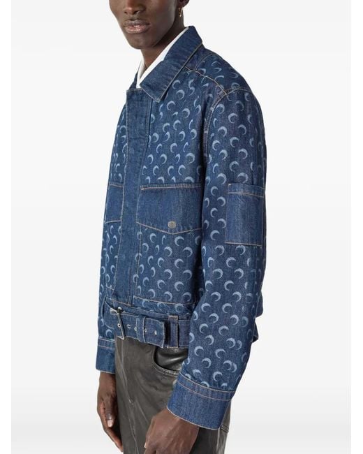 MARINE SERRE Blue Belted Moon-Print Denim Jacket