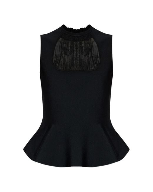 McQueen Black Lace-Detail Peplum-Hem Blouse