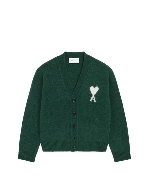 AMI Green Cardigan En Alpaga Avec Ami De Cœur