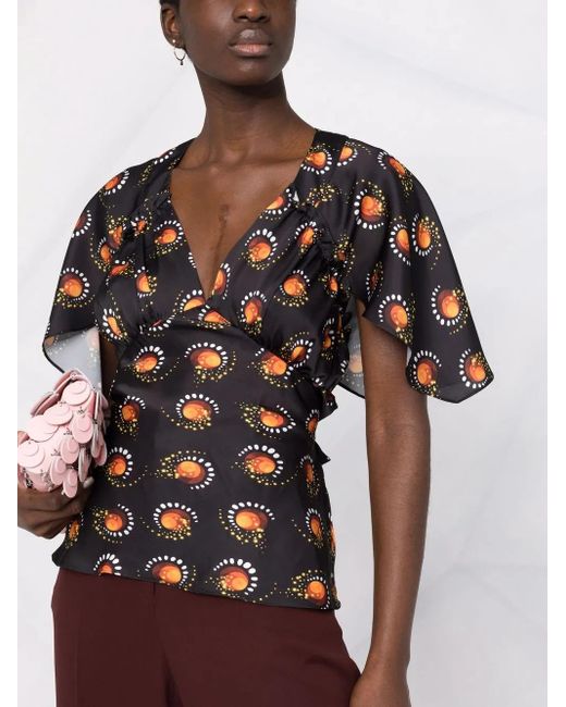 Rabanne Black Motif-Print V-Neck Top