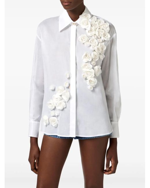 Camicia Semi Trasparente Con Applicazione A Fiori di Elisabetta Franchi in White