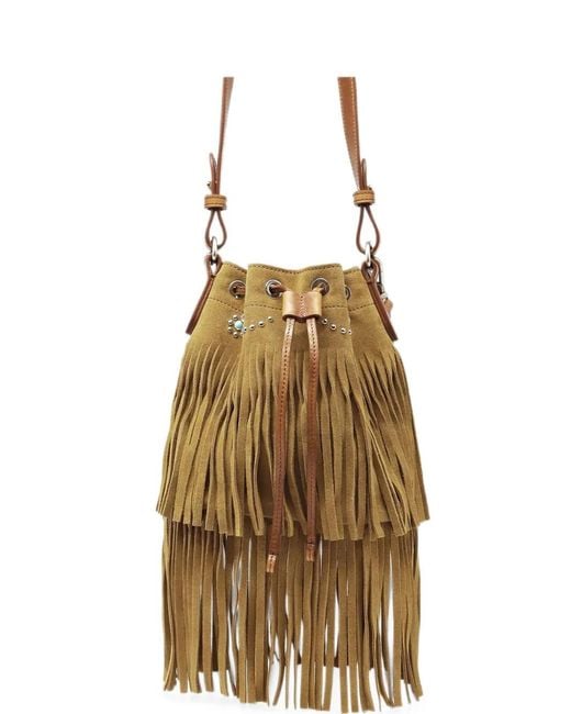 HTC Natural Janis Fringes Studded Suede Bucket Bag