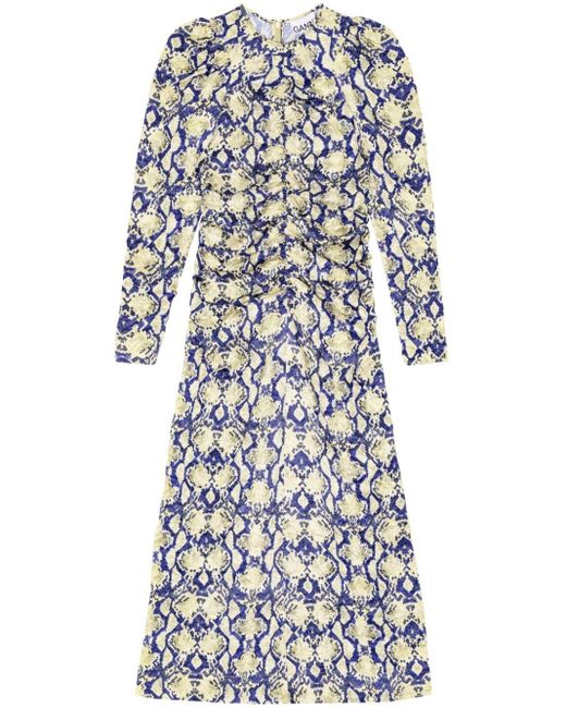 Ganni Blue Snakeskin-print Ruched Midi Dress