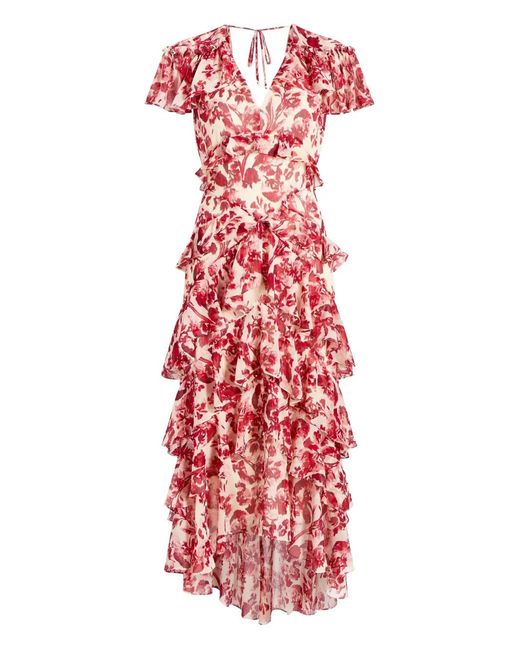 Cinq À Sept Red Floral Ruffled Midi Dress
