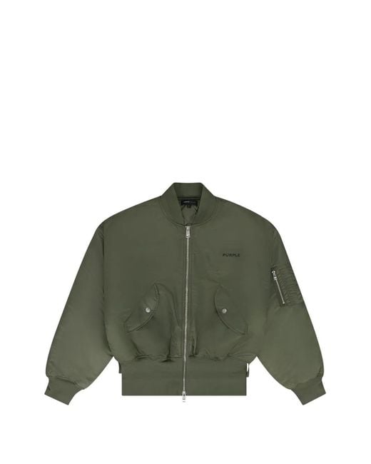 Purple Brand Green Logo-Print Satin Bomber Jacket for men
