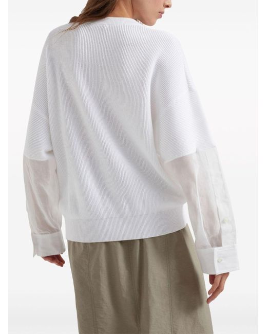 Brunello Cucinelli White English Rib Knit Sweater With Organza Sleeves