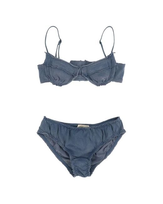 ShuShu/Tong Blue Ruffled-Trim Cotton Lingerie Set