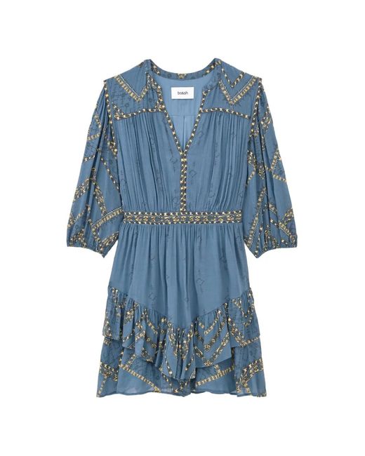 Ba&sh Blue Poly Patterned Ruffled Flared Mini Dress