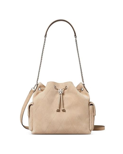 Tory Burch Natural Charlie Quilted Suede Drawstring Shoulder Bag