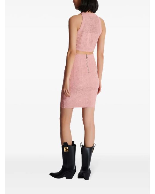 Balmain Pink Metallic Monogram Jacquard Crop Top