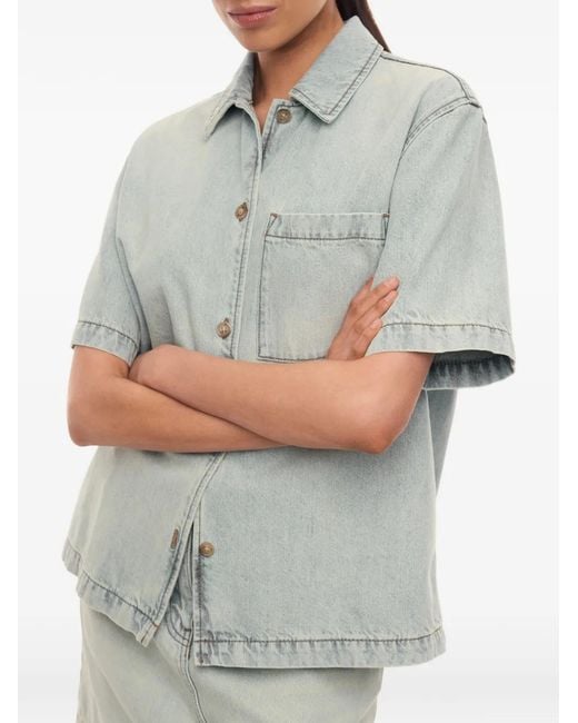 12 STOREEZ Blue Bowling Denim Shirt