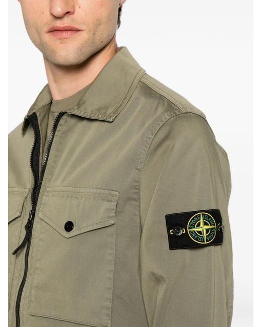 Stone Island Green Logo-Patch Zip-Up Cotton Shirt for men
