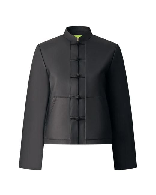 Shanghai Tang Black Buttoned Leather Jacket