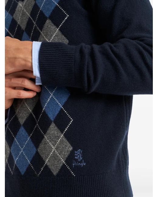 Pringle of Scotland Blue Argyle V-Neck Sweater for men