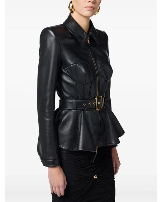 Elisabetta Franchi Black Leather Belted Jacket