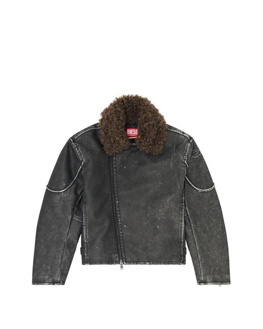 DIESEL Black Biker Jacket With Detachable Collar for men