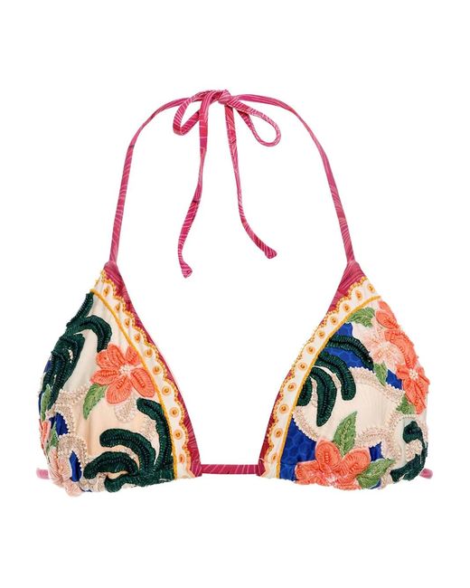 Agua Bendita Red Lolita Beaded-Floral Triangle Bikini Top