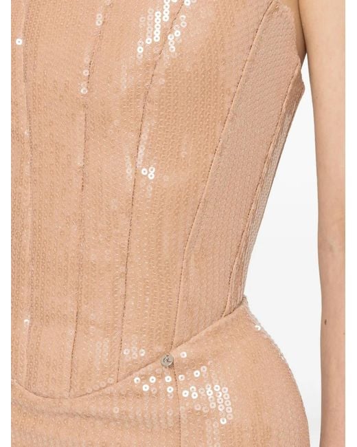 Nissa Natural Exaggerated-Hip Sequin Maxi Dress