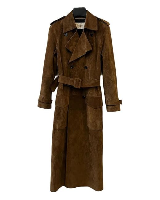 Saint Laurent Brown Double-Breasted Suede Long Trench-Coat
