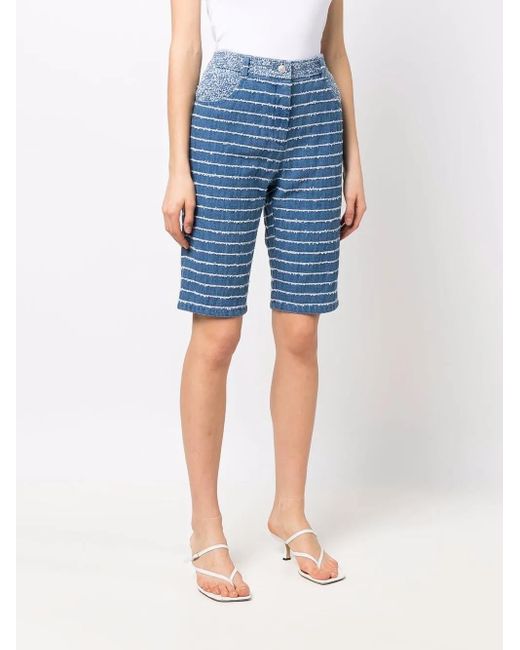 Krizia Blue Frayed-Stripe Bermuda Shorts