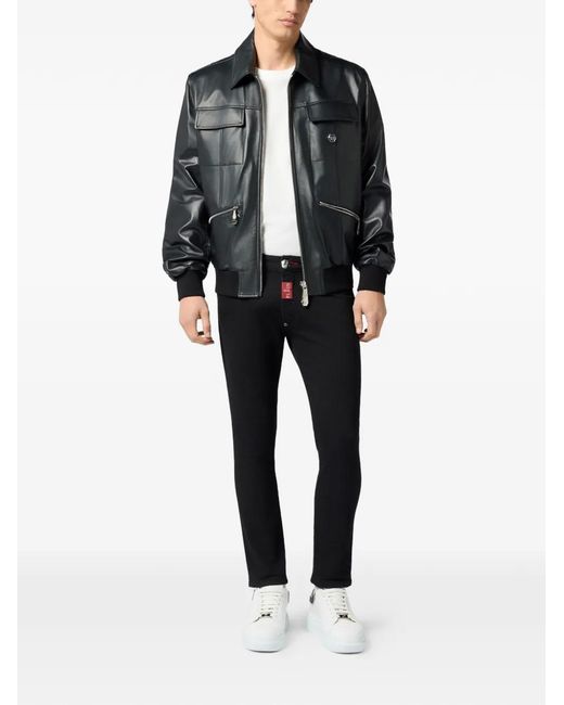Philipp Plein Black Palms Leather Jacket for men