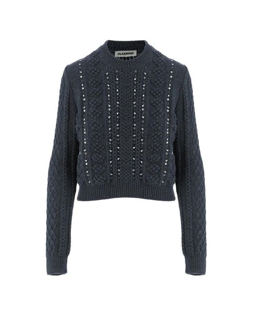 Jil Sander Blue Geometric-Pattern Crew-Neck Sweater