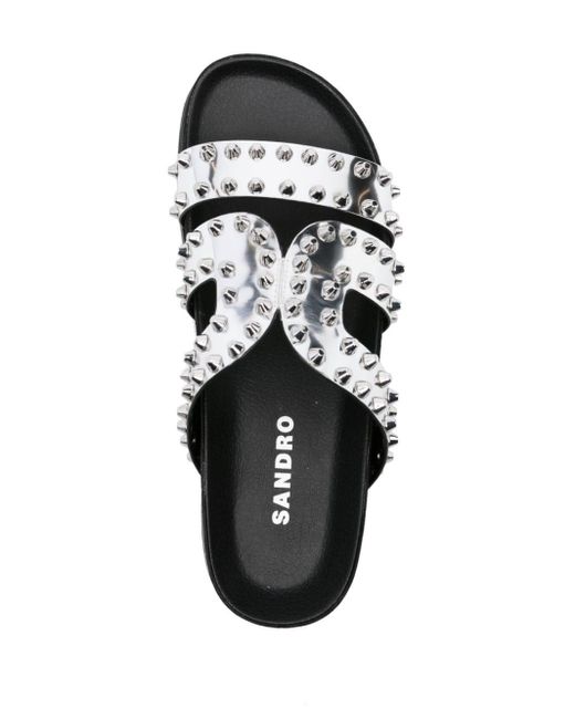 Sandro White Rivet-embellished Metallic Flat Leather Sandals