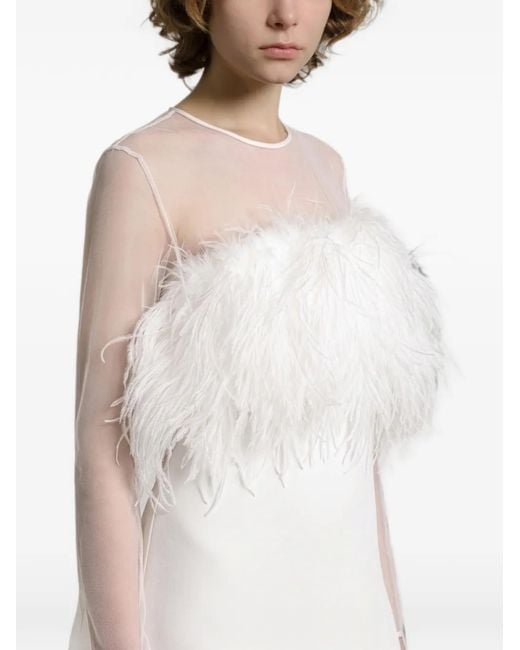 Alberta Ferretti White Feather-Detail Sheer-Panel Midi Dress