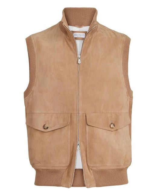 17457✨ブルネロクチネリ ダブル スエード ベスト 切替 ツイード レザー Brunello Cucinelli メンズ ナチュラル パデッド スエードベストの通販