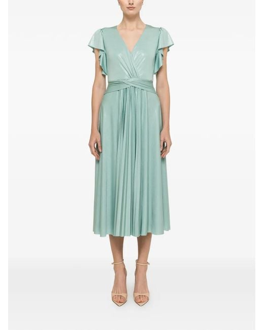 Nissa Green Glossy-Effect Ruffled Midi Dress