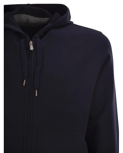 Brunello Cucinelli Blue Cotton Fleece Topwear With Zip And Hood for men